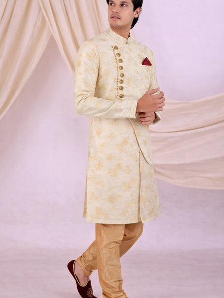Beige Silk Blend Sherwani Set with White Pyjama for Men - DBMS1086