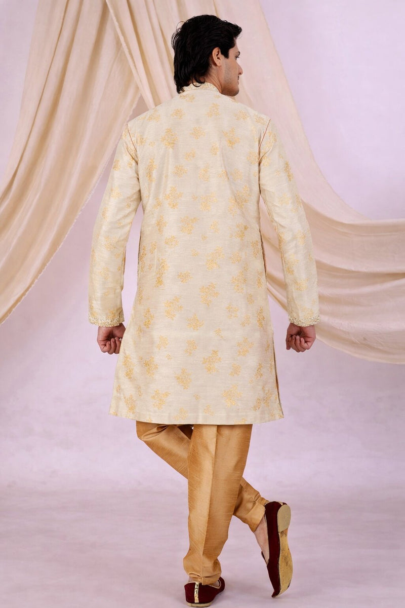 Beige Silk Blend Sherwani Set with White Pyjama for Men - DBMS1086