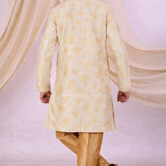 Beige Silk Blend Sherwani Set with White Pyjama for Men - DBMS1086