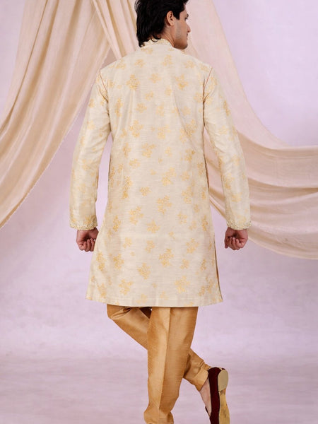 Beige Silk Blend Sherwani Set with White Pyjama for Men - DBMS1086