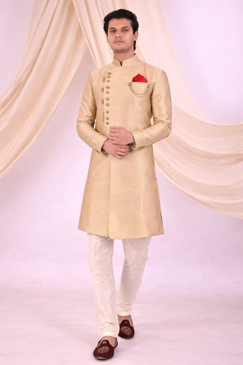 Beige Silk Blend Sherwani Set with White Pyjama for Men - DBMS1087