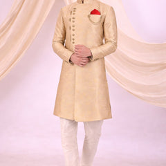 Beige Silk Blend Sherwani Set with White Pyjama for Men - DBMS1087