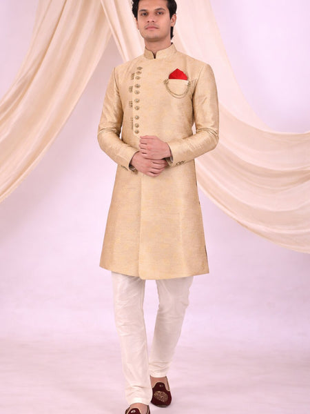 Beige Silk Blend Sherwani Set with White Pyjama for Men - DBMS1087