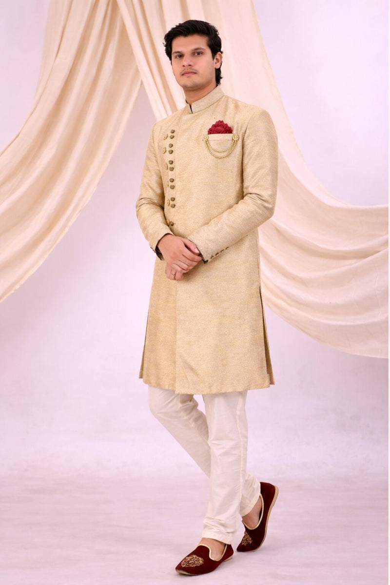 Beige Silk Blend Sherwani Set with White Pyjama for Men - DBMS1087