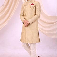 Beige Silk Blend Sherwani Set with White Pyjama for Men - DBMS1087