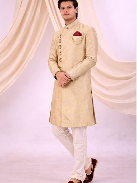 Beige Silk Blend Sherwani Set with White Pyjama for Men - DBMS1087