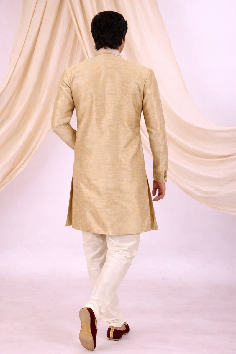 Beige Silk Blend Sherwani Set with White Pyjama for Men - DBMS1087