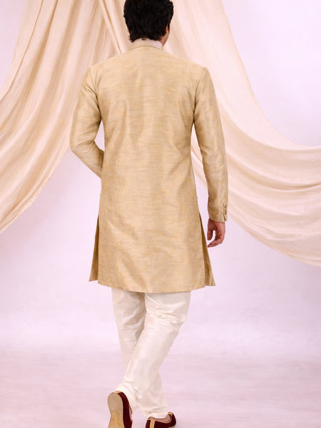 Beige Silk Blend Sherwani Set with White Pyjama for Men - DBMS1087