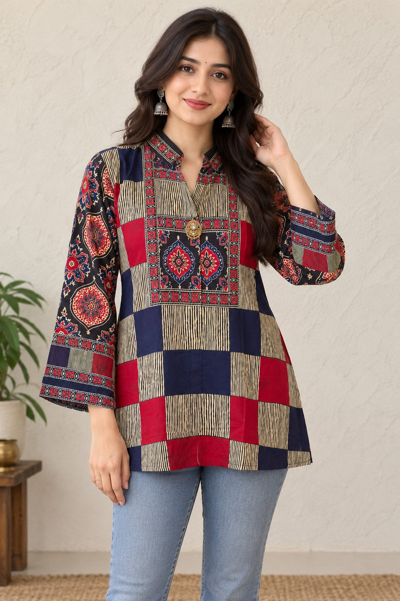 Women's Navy Blue and Red Printed Mandarin Collar Shirt