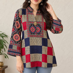 Women's Navy Blue and Red Printed Mandarin Collar Shirt