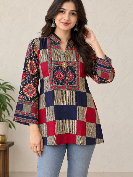 Women's Navy Blue and Red Printed Mandarin Collar Shirt