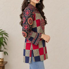 Women's Navy Blue and Red Printed Mandarin Collar Shirt