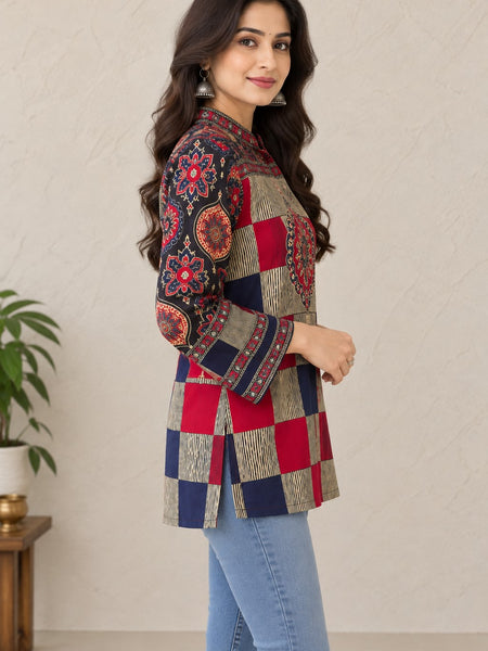 Women's Navy Blue and Red Printed Mandarin Collar Shirt