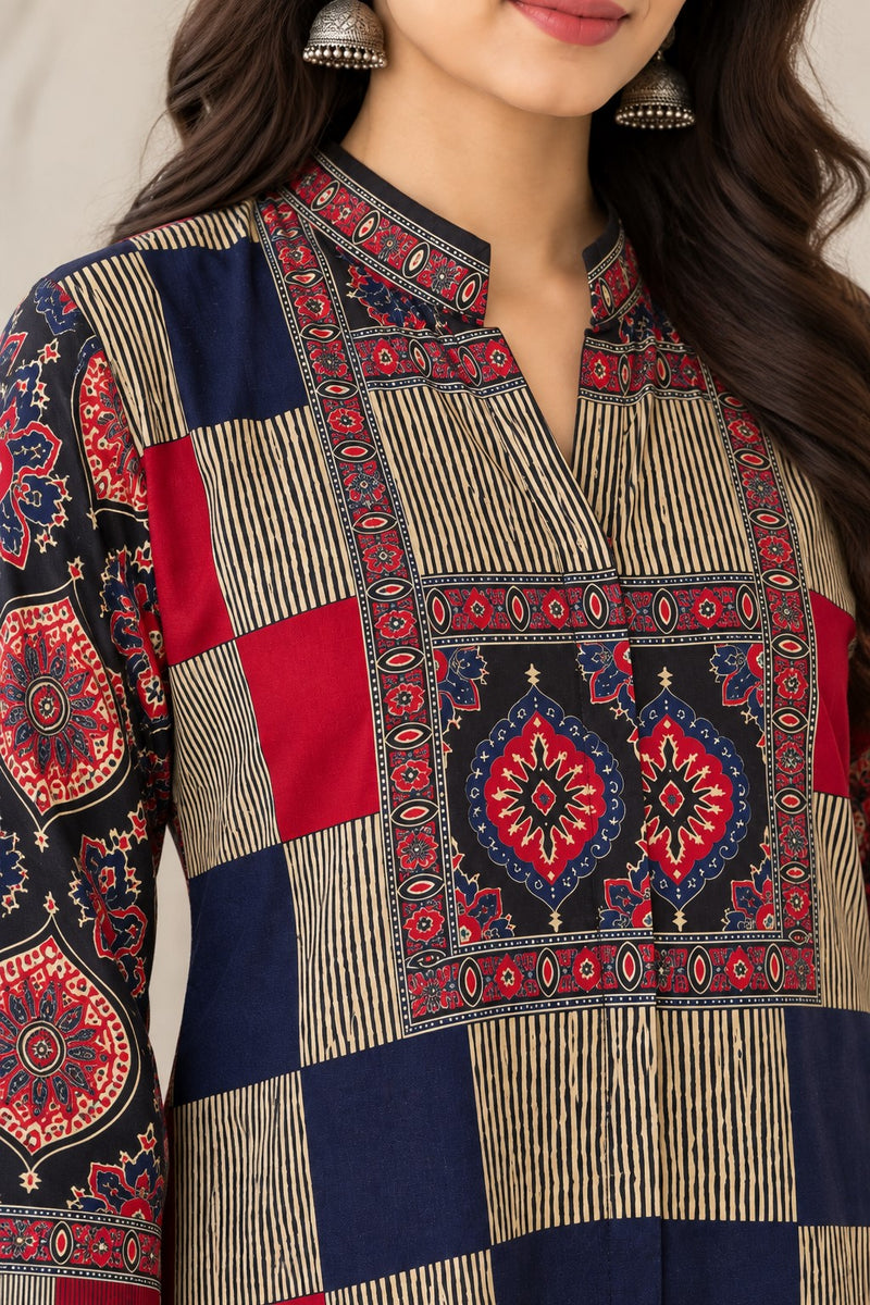 Women's Navy Blue and Red Printed Mandarin Collar Shirt