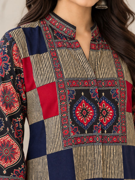 Women's Navy Blue and Red Printed Mandarin Collar Shirt