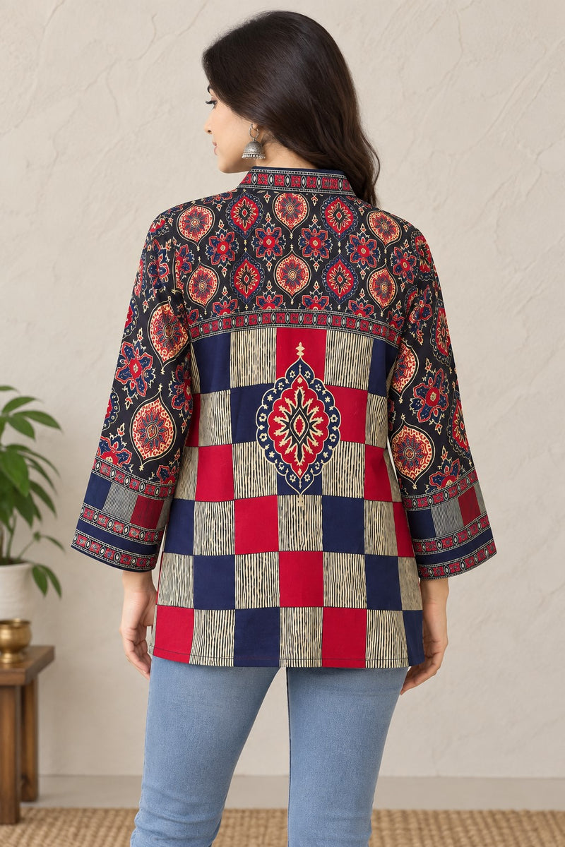 Women's Navy Blue and Red Printed Mandarin Collar Shirt
