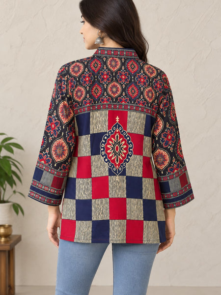 Women's Navy Blue and Red Printed Mandarin Collar Shirt