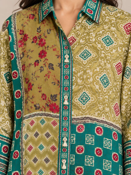 Desi Butik Women's Olive Green and Teal Blue Printed Crepe Shirt