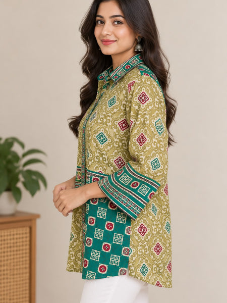 Desi Butik Women's Olive Green and Teal Blue Printed Crepe Shirt