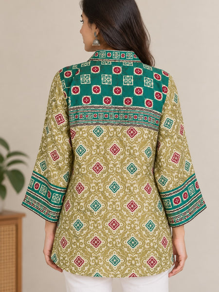 Desi Butik Women's Olive Green and Teal Blue Printed Crepe Shirt