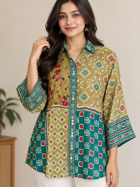 Desi Butik Women's Olive Green and Teal Blue Printed Crepe Shirt