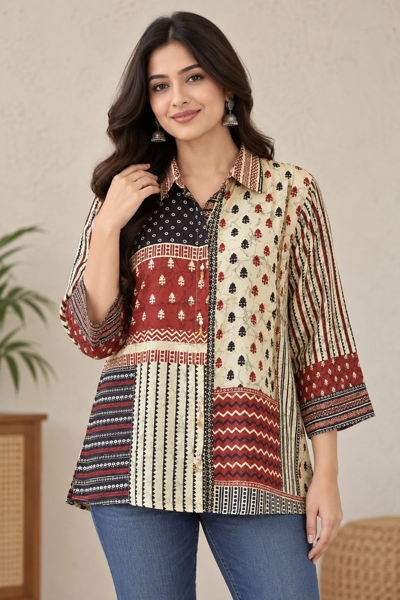 Desi Butik Women's Multicolor Ethnic Printed Crepe Shirt