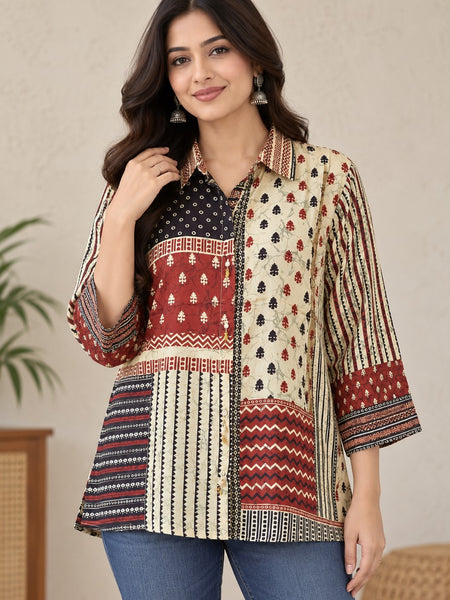 Desi Butik Women's Multicolor Ethnic Printed Crepe Shirt
