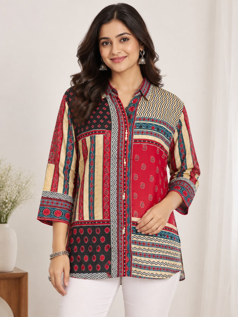 Desi Butik Women's Multicolor Ethnic Printed Crepe Shirt