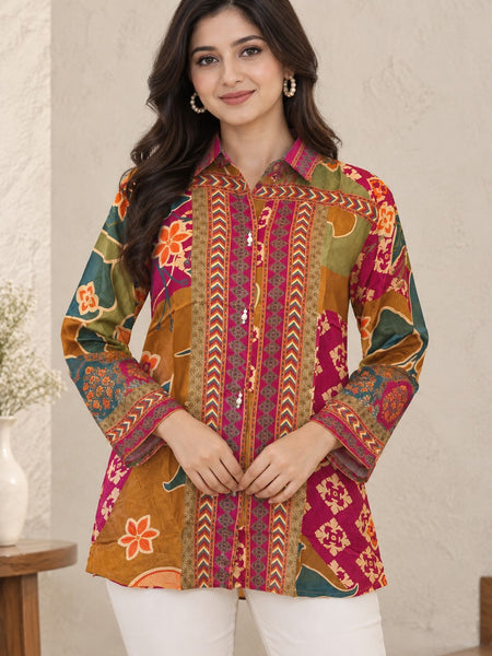 Desi Butik Women's Multicolor Floral and Ethnic Printed Crepe Shirt