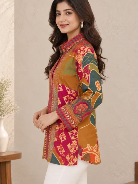 Desi Butik Women's Multicolor Floral and Ethnic Printed Crepe Shirt