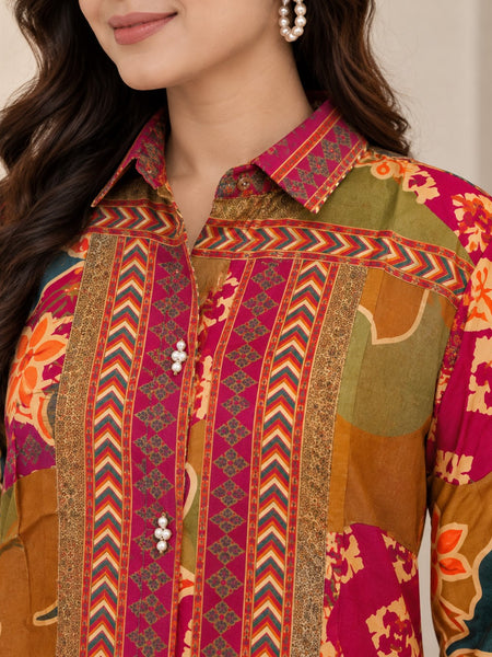 Desi Butik Women's Multicolor Floral and Ethnic Printed Crepe Shirt