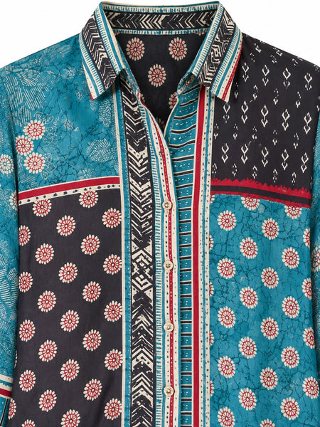 Desi Butik Women's Teal Blue and Navy Blue Ethnic Printed Crepe Shirt