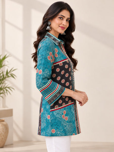 Desi Butik Women's Teal Blue and Navy Blue Ethnic Printed Crepe Shirt