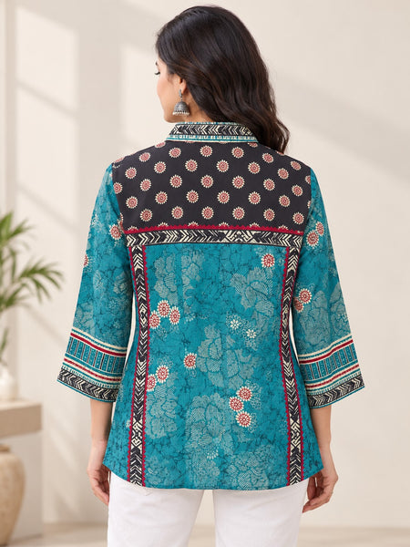 Desi Butik Women's Teal Blue and Navy Blue Ethnic Printed Crepe Shirt