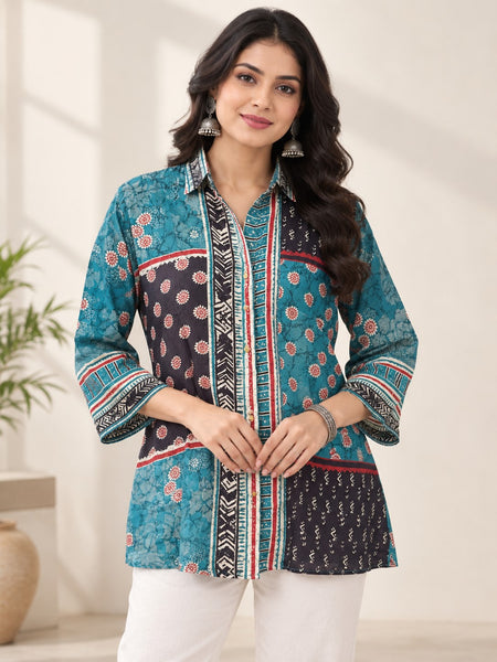 Desi Butik Women's Teal Blue and Navy Blue Ethnic Printed Crepe Shirt