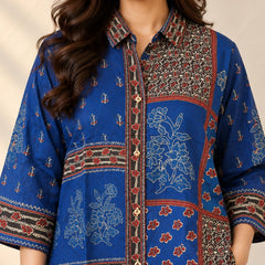 Women's Blue Multicolor Printed Crepe Shirt
