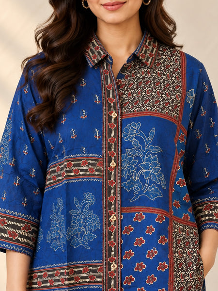 Women's Blue Multicolor Printed Crepe Shirt