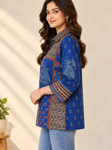 Women's Blue Multicolor Printed Crepe Shirt