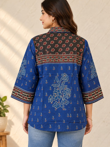 Women's Blue Multicolor Printed Crepe Shirt