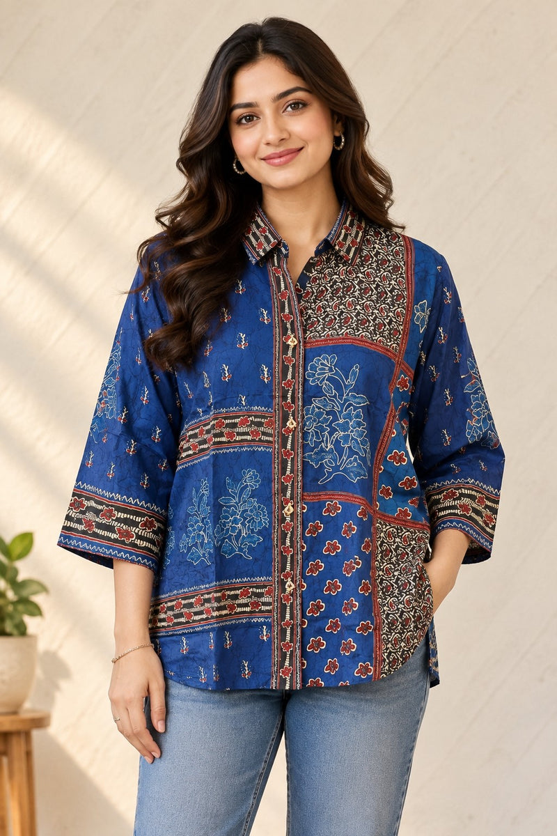 Women's Blue Multicolor Printed Crepe Shirt