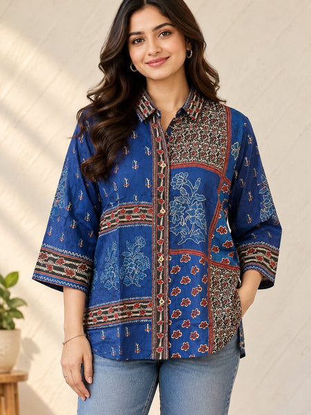 Women's Blue Multicolor Printed Crepe Shirt