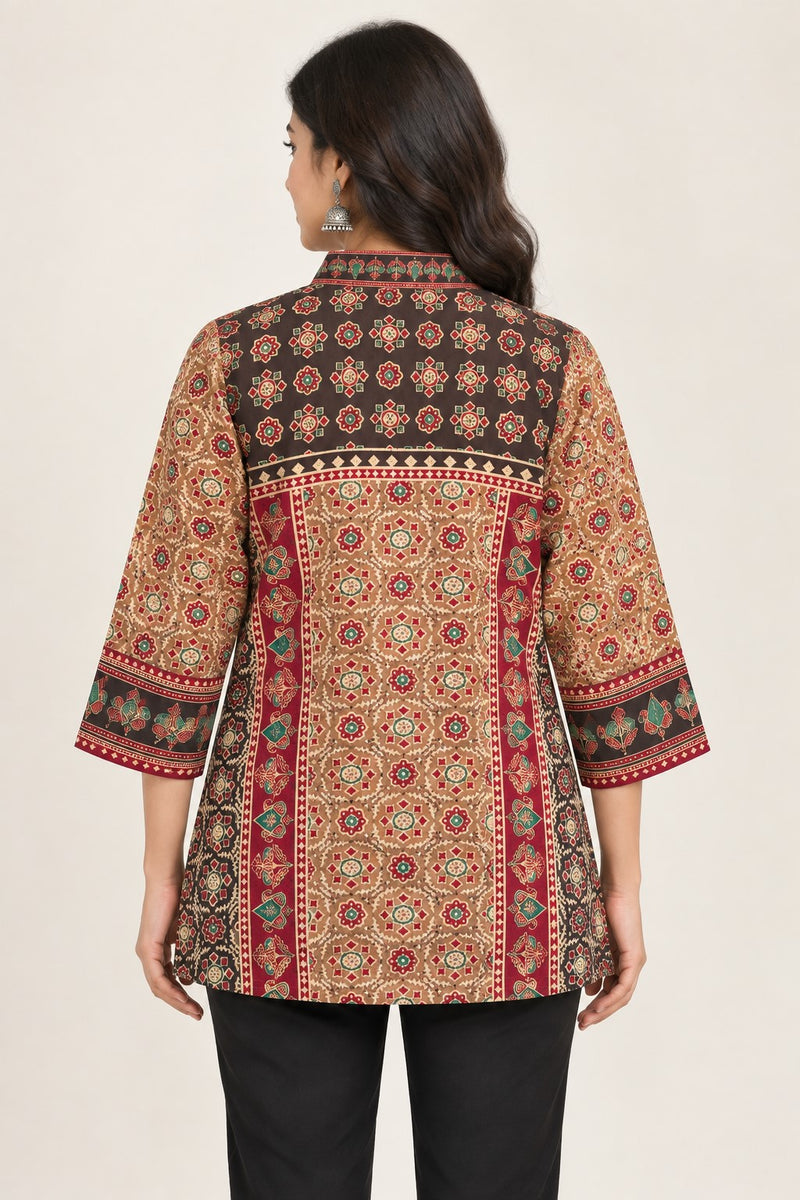 Women's Beige & Maroon Ethnic Printed Crepe Shirt