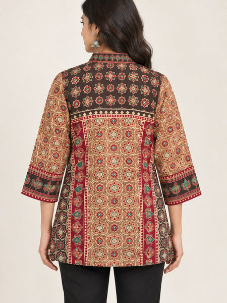 Women's Beige & Maroon Ethnic Printed Crepe Shirt