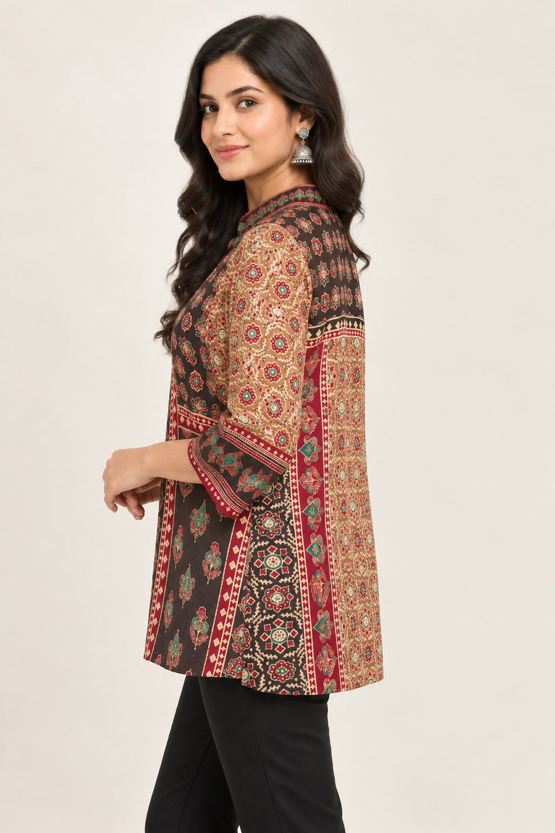 Women's Beige & Maroon Ethnic Printed Crepe Shirt