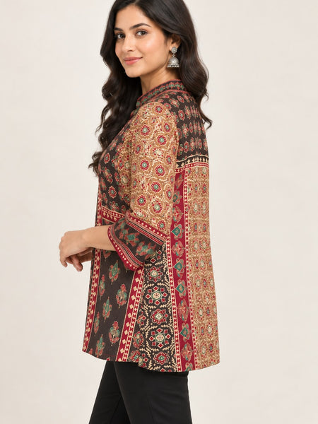 Women's Beige & Maroon Ethnic Printed Crepe Shirt
