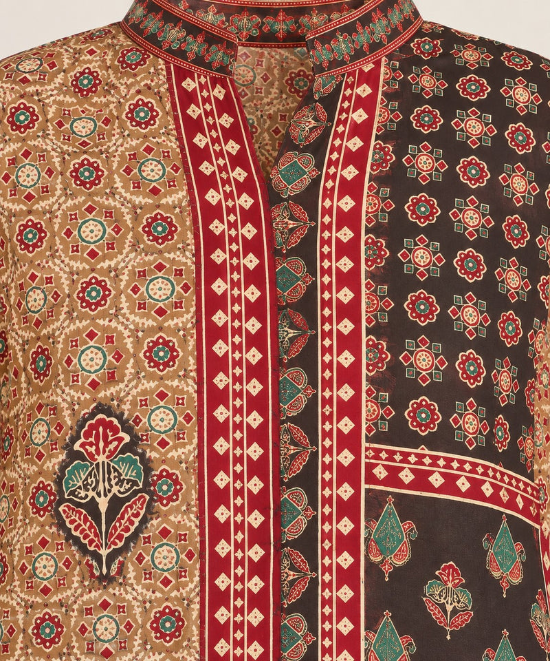 Women's Beige & Maroon Ethnic Printed Crepe Shirt