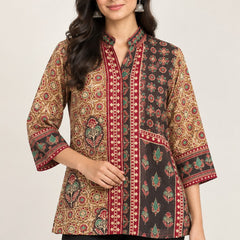 Women's Beige & Maroon Ethnic Printed Crepe Shirt