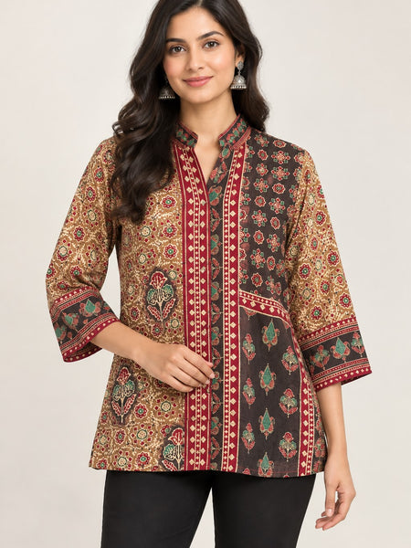 Women's Beige & Maroon Ethnic Printed Crepe Shirt