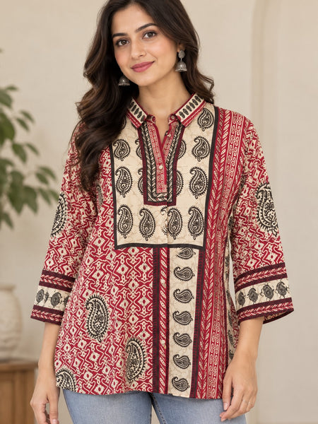 Women's Red & Beige Ethnic Printed Crepe Shirt
