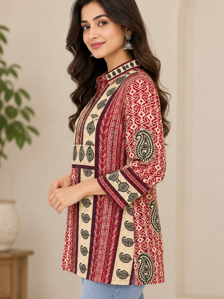 Women's Red & Beige Ethnic Printed Crepe Shirt